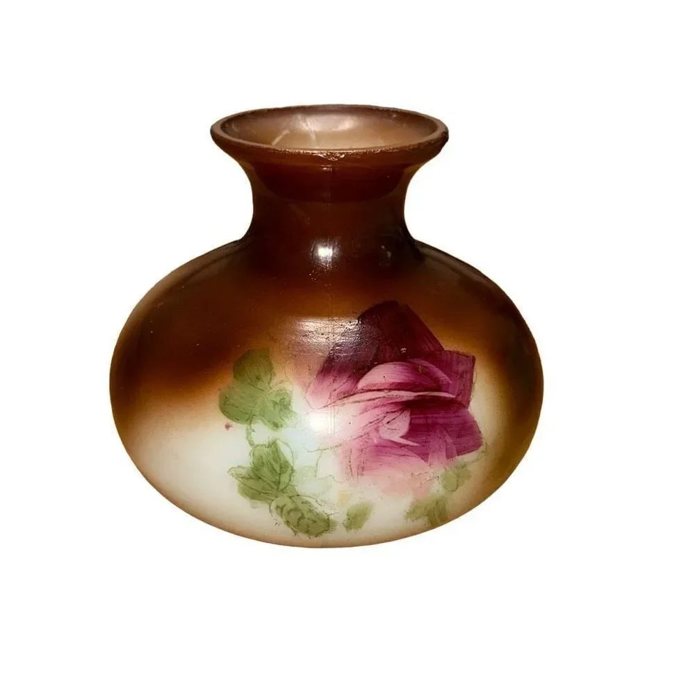 HAND PAINTED MILK GLASS VASE - Squat & Round Brown with Red Rose VINTAGE COUNTRY